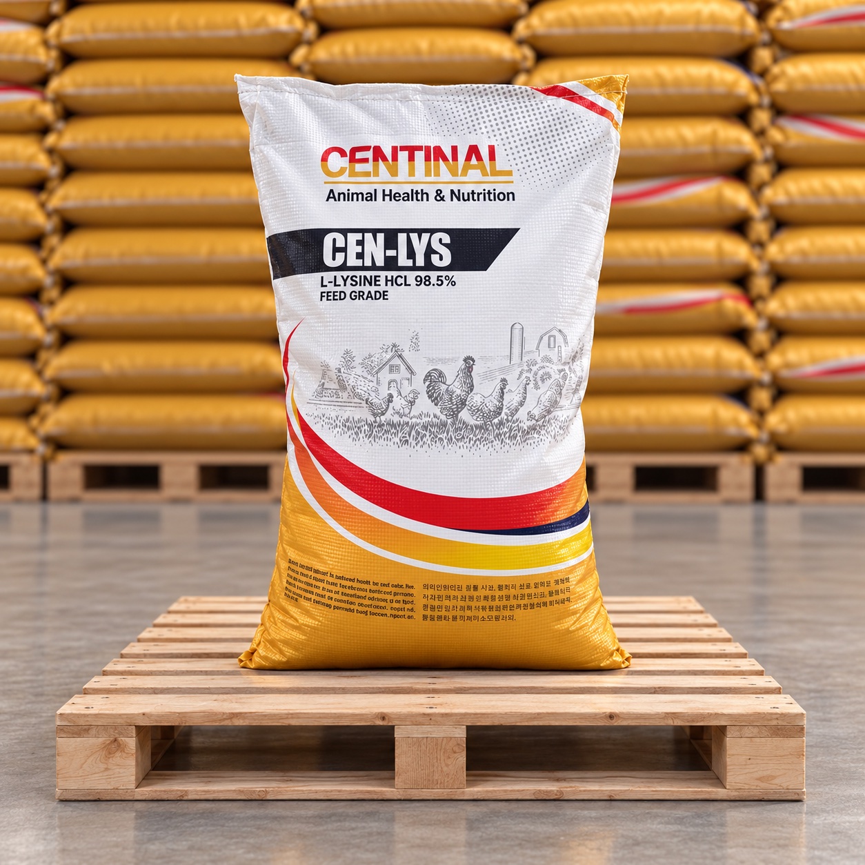 Centinal CEN-LYS L-Lysine HCL 98.5% bag displayed on a wooden pallet