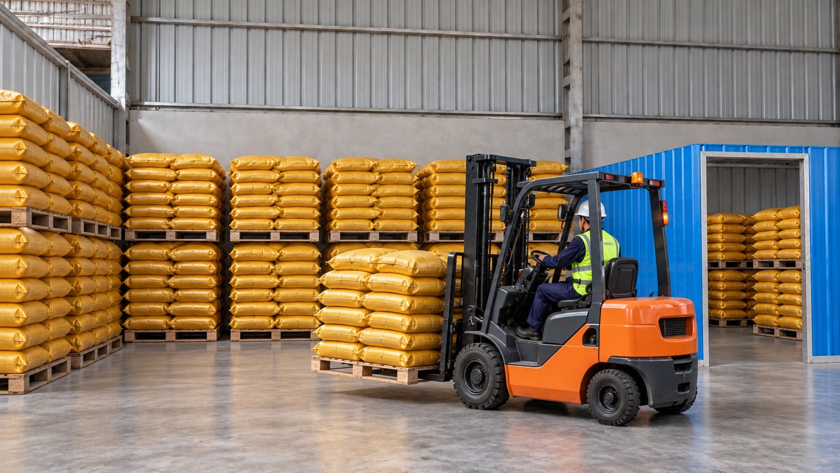 Forklift positioning a pallet of feed ingredient bags beside organised pallet storage
